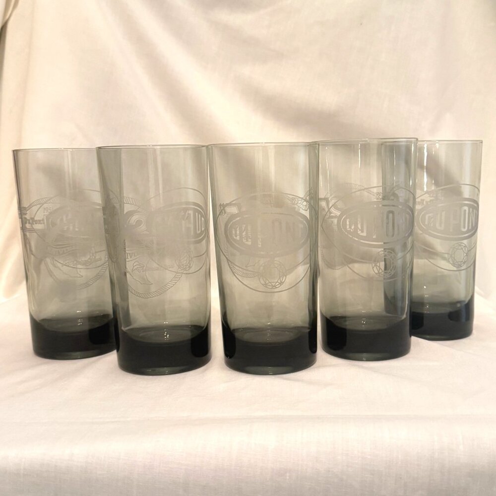 Du Pont Victoria Texas Plant 25th Anniversary Glasses 1976 Smoky Tumbler set 5